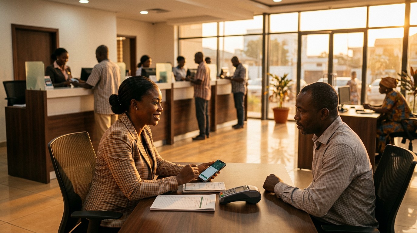 Conseillère bancaire servant un client dans une agence moderne