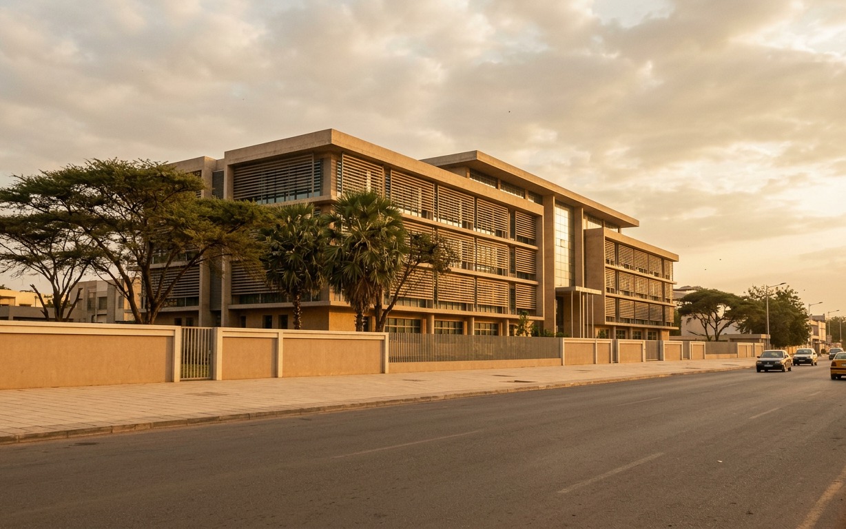 Bâtiment institutionnel moderne au coucher du soleil