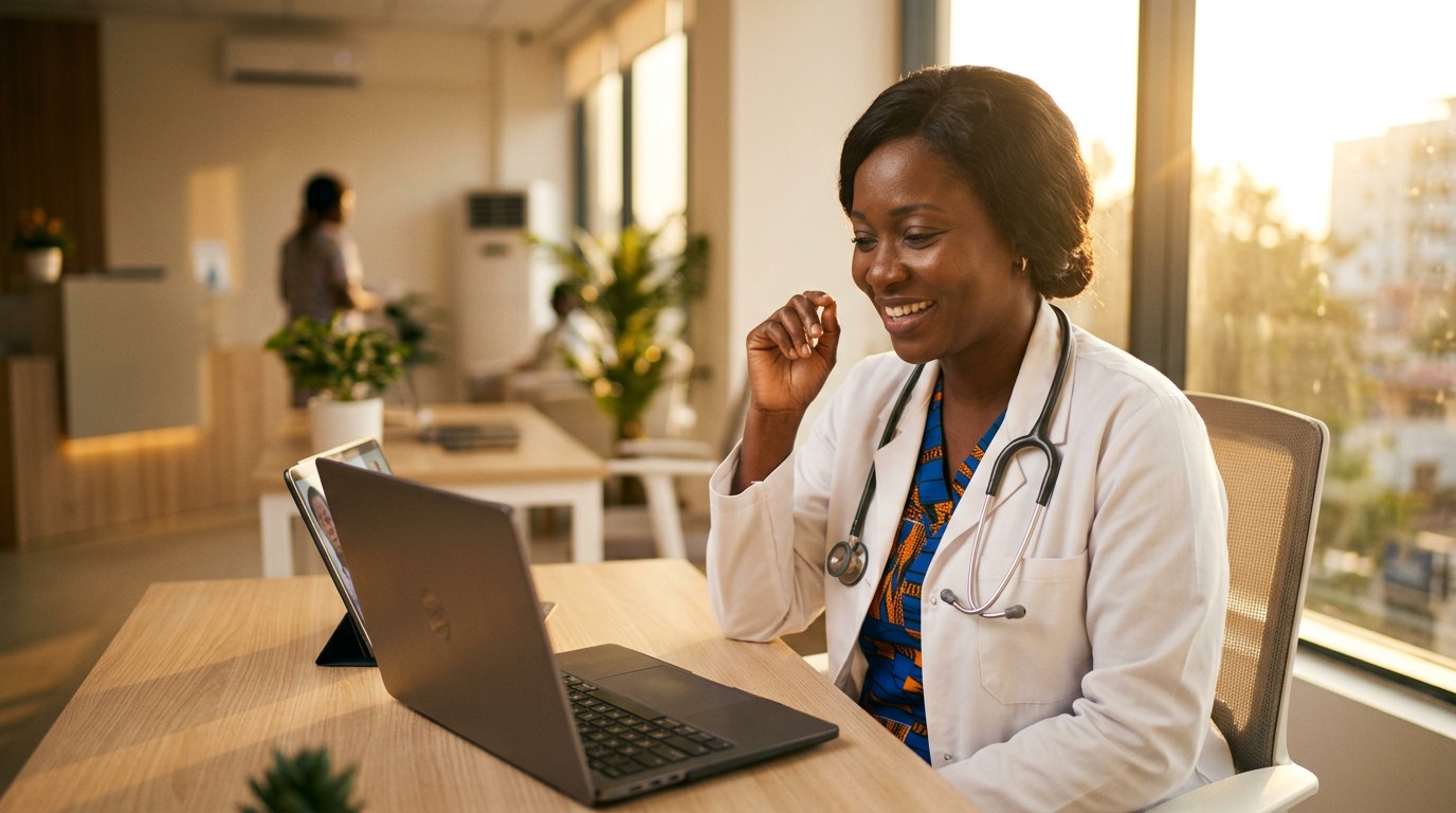 Médecin avec stéthoscope en téléconsultation dans une clinique moderne