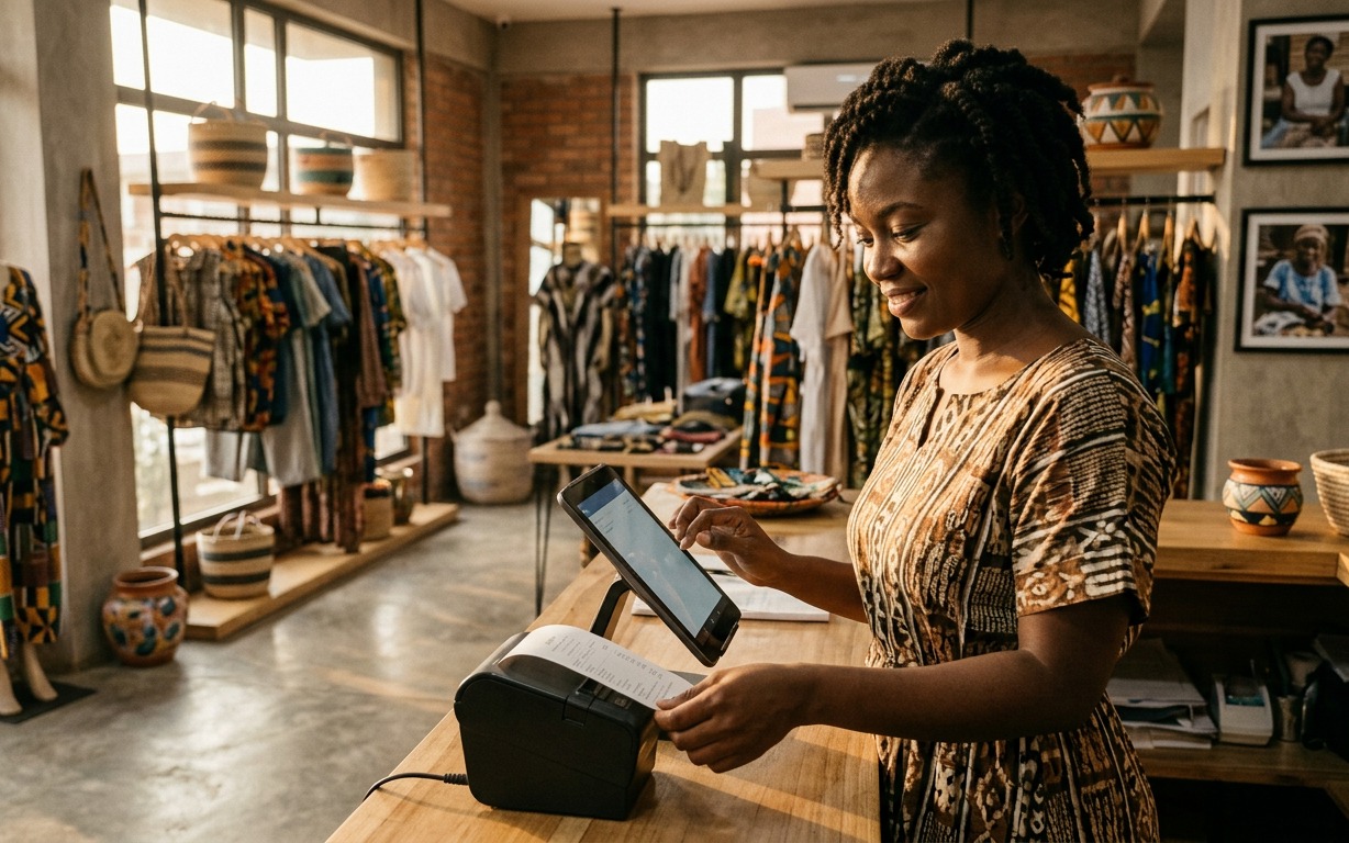 Gérante de boutique éditant une facture sur sa caisse tablette