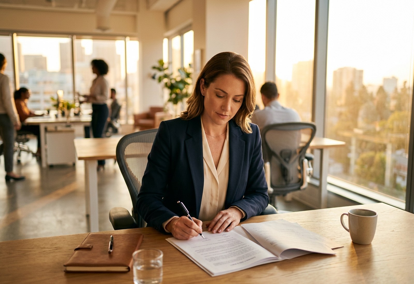 Professionnelle signant un contrat dans un bureau lumineux